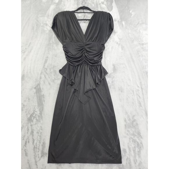 Vintage 80s Steppin Out V-Neck Draped Peplum Party Dress Size 11 Black Midi - Picture 1 of 8